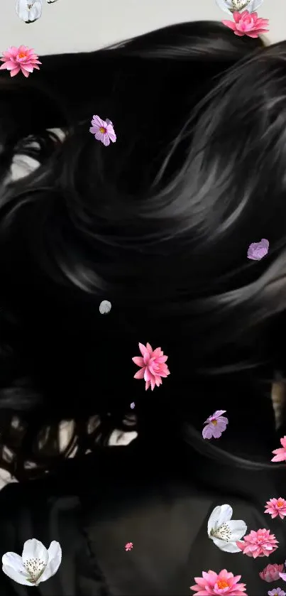 Dark hair with pink blossoms on mobile wallpaper.