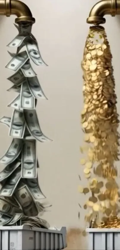 Flow of money and gold coins from faucets wallpaper.