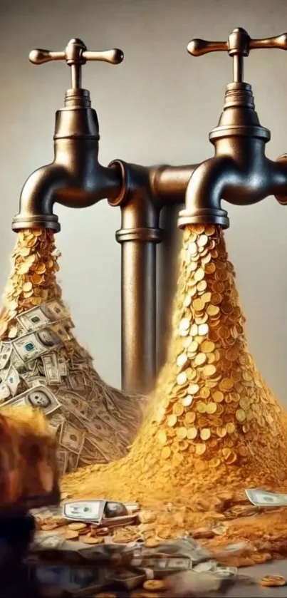 Taps pouring gold coins and cash, symbolizing wealth.