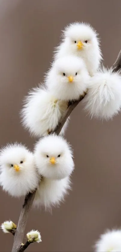 Four fluffy white birds perched on a tree branch.