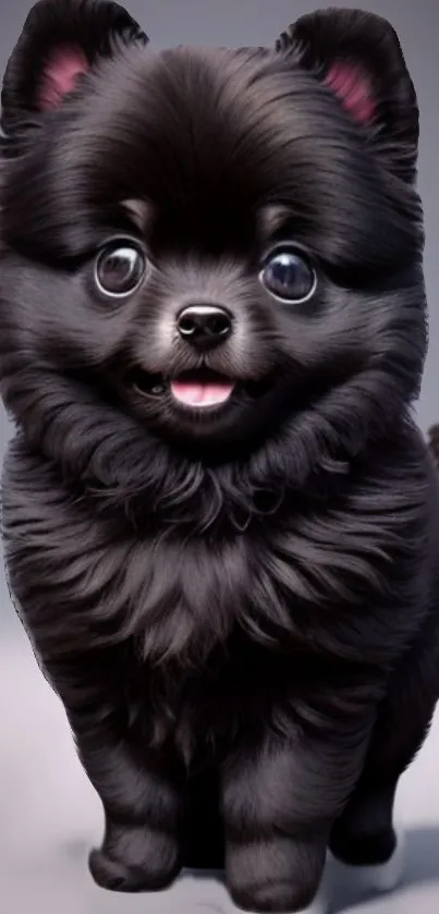 Adorable fluffy black Pomeranian puppy with cute expression.