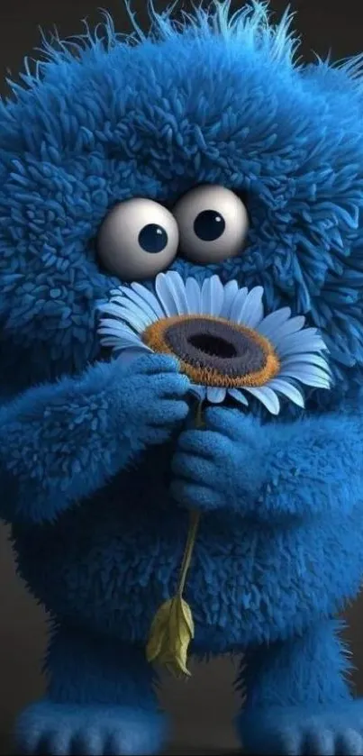 Fluffy blue creature holding a sunflower on a dark background.