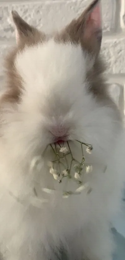 Fluffy white bunny with flowers on its mouth against a textured white background.