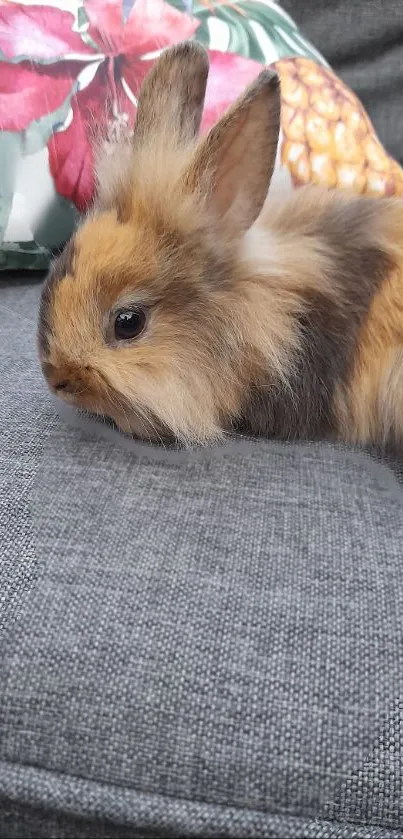 Fluffy bunny resting on a grey sofa with a colorful pillow background.