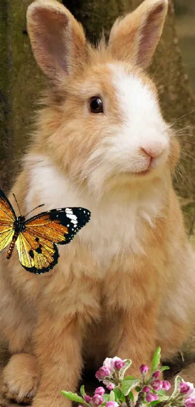 Fluffy bunny with a butterfly and flowers on a nature-themed wallpaper.