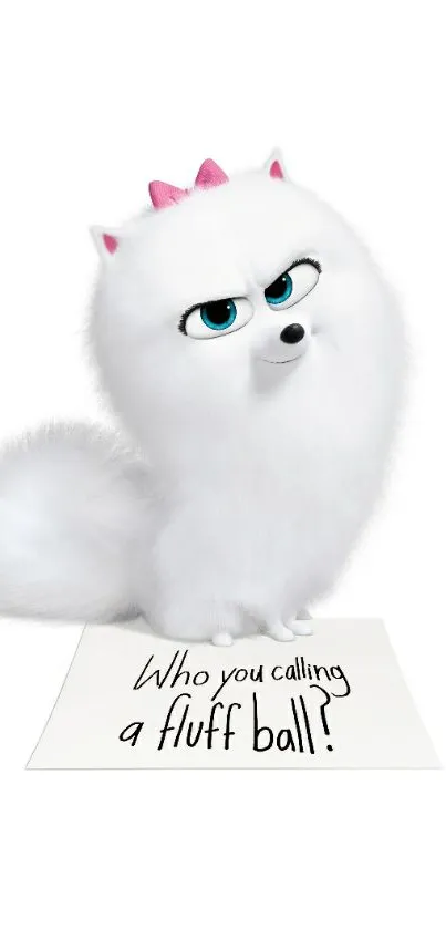 Fluffy white cartoon dog with pink bow and funny note on white background.