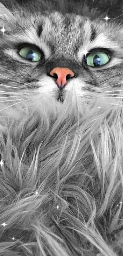 Close-up of a fluffy cat with striking eyes on a mobile wallpaper.