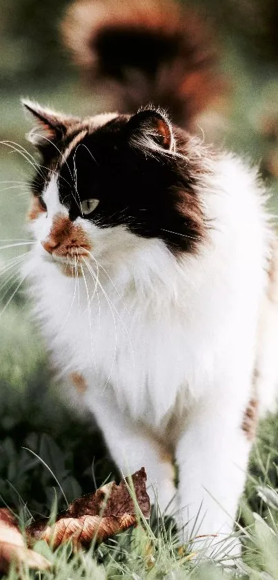 Calico cat walking on grass during autumn.