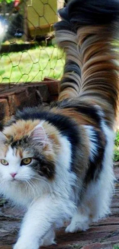 Fluffy cat with bushy tail in nature setting.