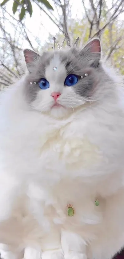 Fluffy cat with blue eyes and crown in an outdoor setting.