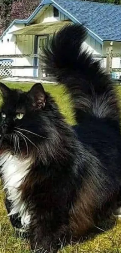 Fluffy black and white cat in sunny yard with house backdrop.