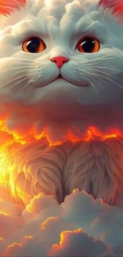 Fluffy cat blended with vibrant clouds.