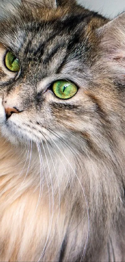 Close-up of a fluffy cat with green eyes, perfect for phone wallpaper.