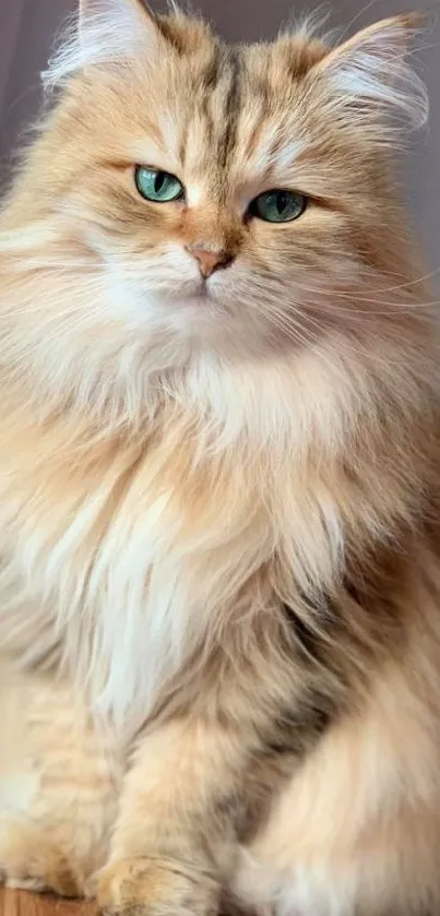 Adorable fluffy cat with golden fur sitting indoors.