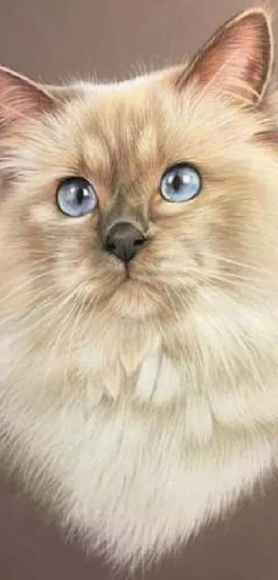 Fluffy cat with blue eyes on a brown background.