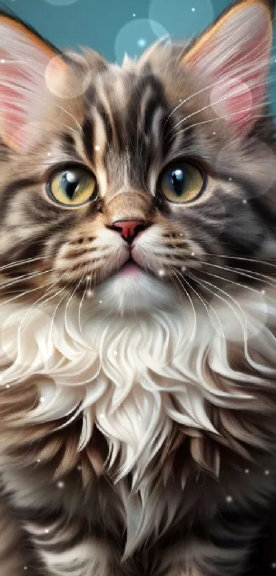 Adorable fluffy Maine Coon cat with blue background.