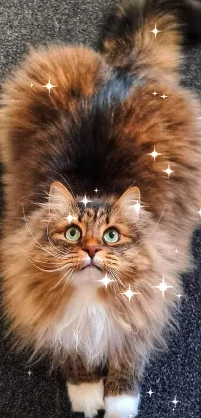 Fluffy brown cat lounging on a soft, dark carpet.