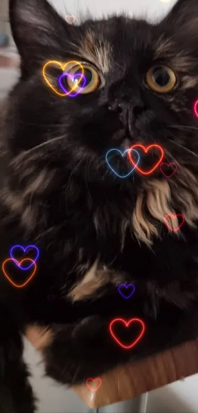 Fluffy black cat with wide eyes on wooden surface.