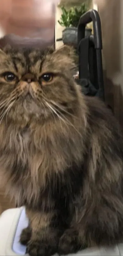 Fluffy Persian cat sitting in room, brown fur, elegant pose.