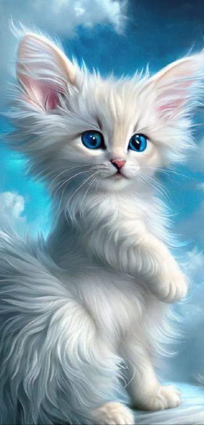 Fluffy white cat with blue eyes against a serene sky background.