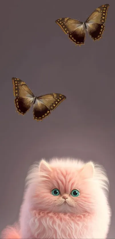 Fluffy pink cat with two butterflies in a mauve background wallpaper.