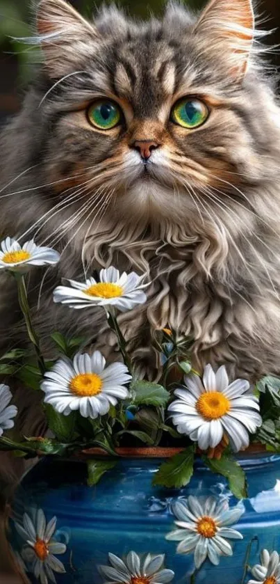 Fluffy cat sitting among daisies in a colorful vase.
