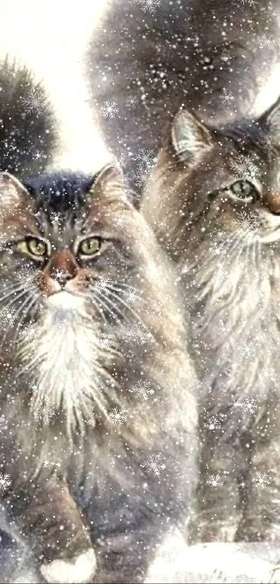 Two fluffy cats in a snowy winter scene for your mobile wallpaper.