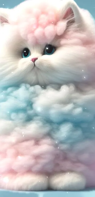 Fluffy white cat in pastel clouds.