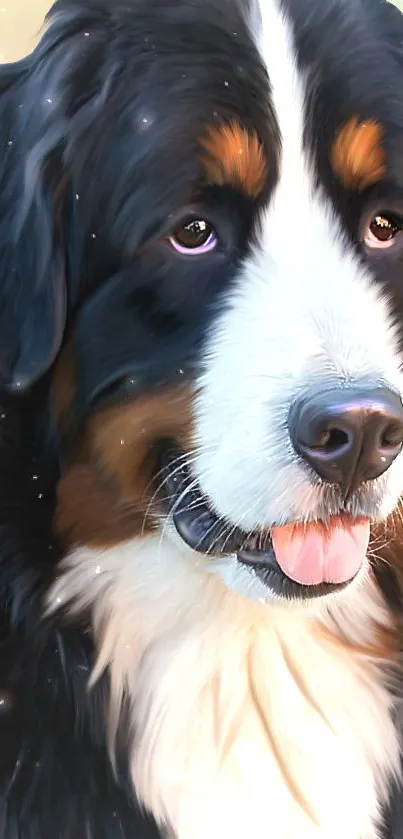 Realistic fluffy Bernese Mountain Dog art wallpaper with a black and white coat.