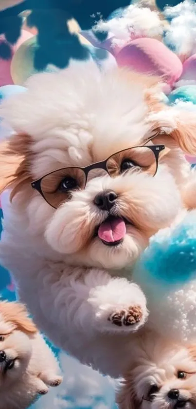 Fluffy white dog with sunglasses floating among colorful balloons and clouds.