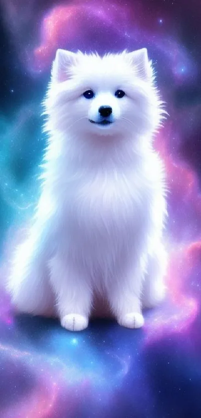 Fluffy white dog sitting in a vibrant cosmic space setting.