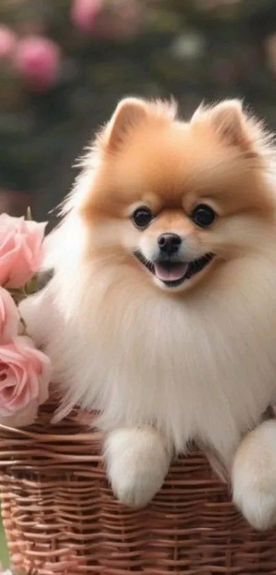 Fluffy Pomeranian dog in a basket with roses.