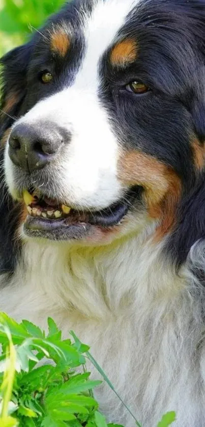 Bernese Mountain Dog in lush green garden wallpaper.