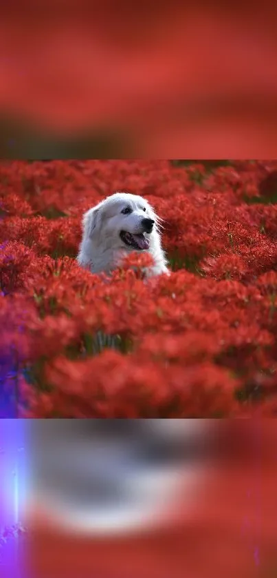 White dog amidst red blossoms in a serene field.