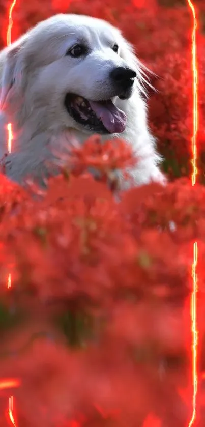 Fluffy dog in a field of red flowers with vibrant lighting.