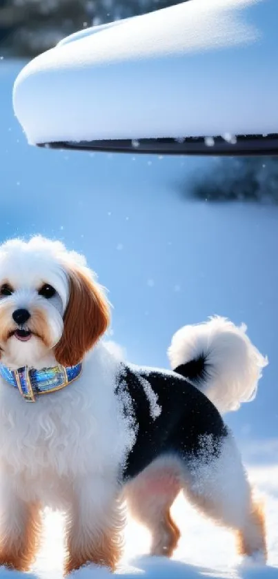 Fluffy dog with colorful collar standing in snowy landscape.