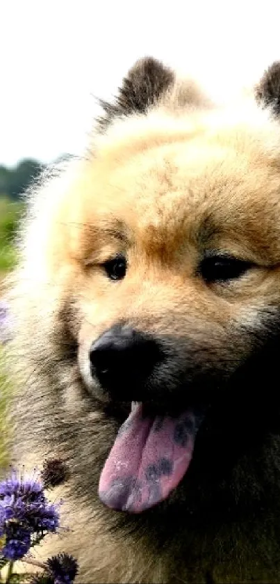 Fluffy dog surrounded by wildflowers in a scenic meadow.