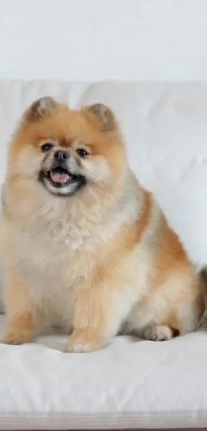 Fluffy dog sitting on a cozy white sofa, perfect for pet-themed wallpapers.