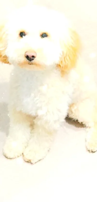 Fluffy white dog sitting on a wooden floor.