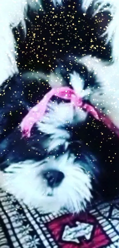 Cute fluffy dog with pink bow and glitter background.