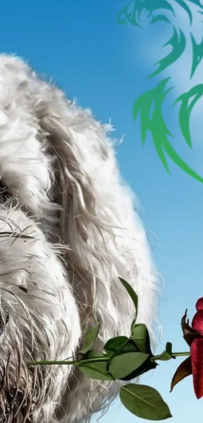 Fluffy dog with red rose and blue sky background.