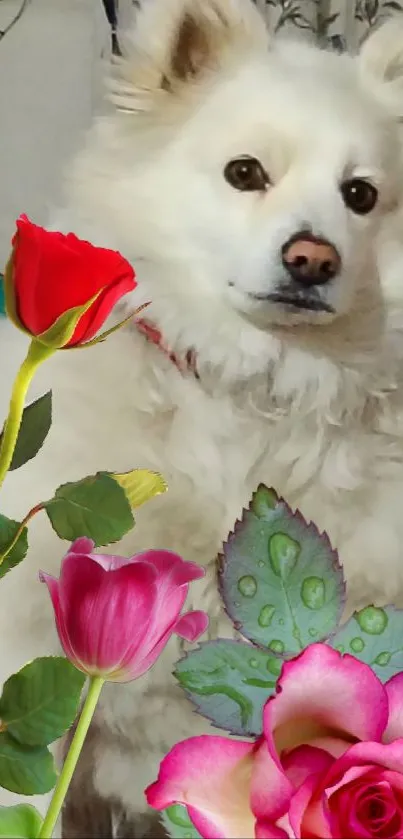 Fluffy white dog with colorful roses in a serene setting.