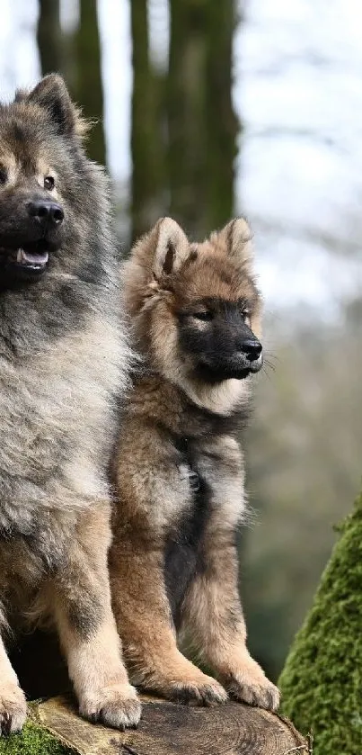 Fluffy dogs sitting in a mossy forest environment.