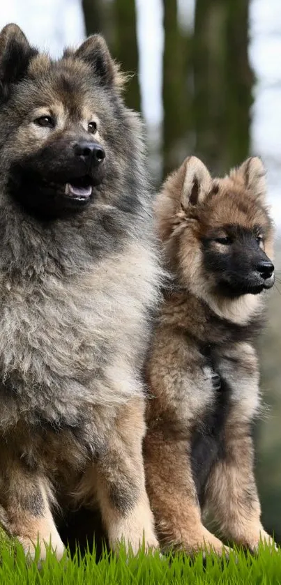 Two fluffy dogs in verdant nature setting.