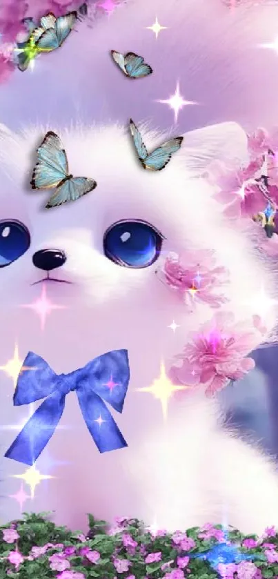 Cute fluffy fox with pink blossoms and blue butterflies in a whimsical scene.