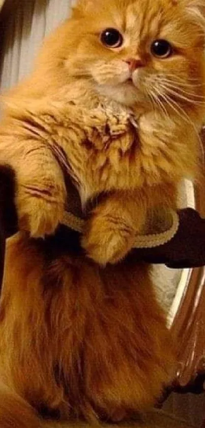 Fluffy ginger cat sitting on a chair, looking adorable.