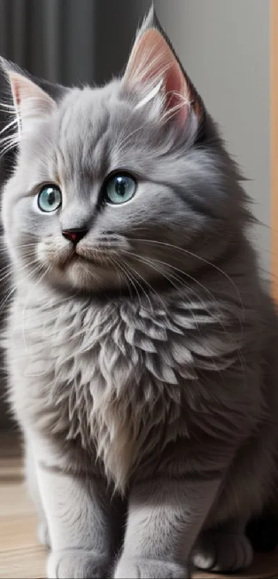 Fluffy gray kitten with blue eyes sitting on the floor.