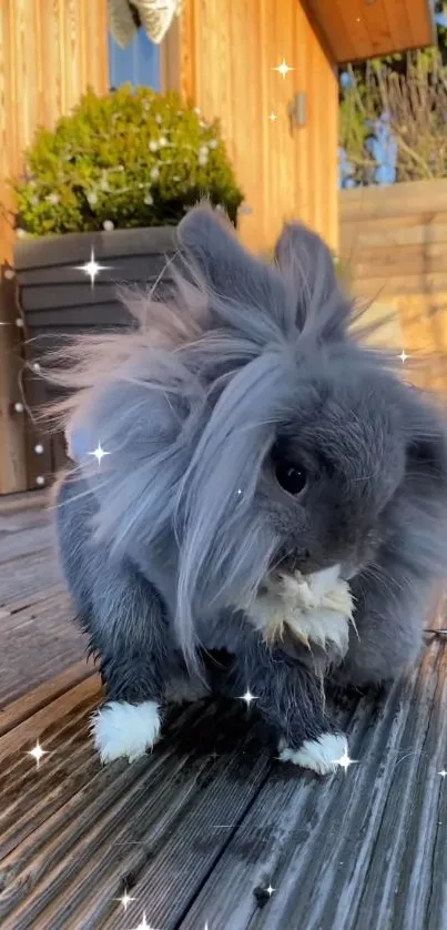 Gray fluffy rabbit on a wooden deck with sparkles.