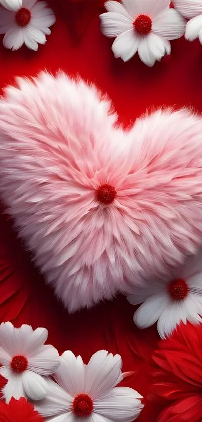 Fluffy pink heart with red and white flowers around it.