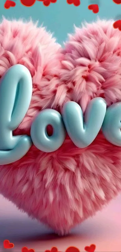 Fluffy pink heart with the word 'Love' in blue.